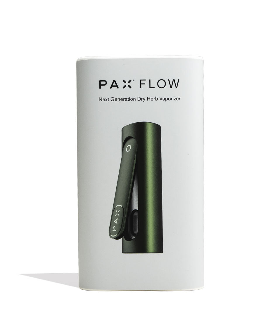 PAX Flow Dry Herb Vaporizer Greenstone Packaging Front View on White Background