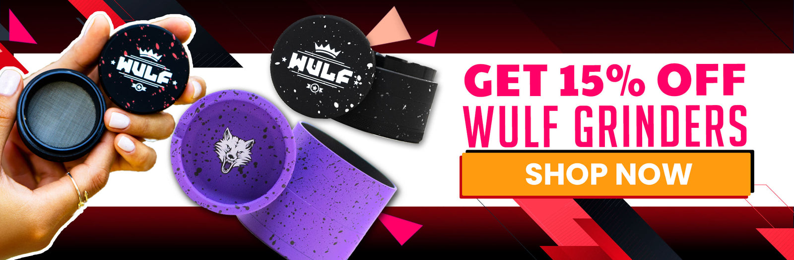 Promotional banner for Wulf grinders with a hand holding a grinder, colorful grinders, and a discount offer.