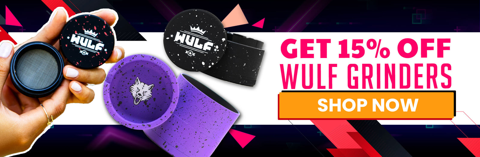 Promotional banner for Wulf grinders with a hand holding grinders and a discount offer.