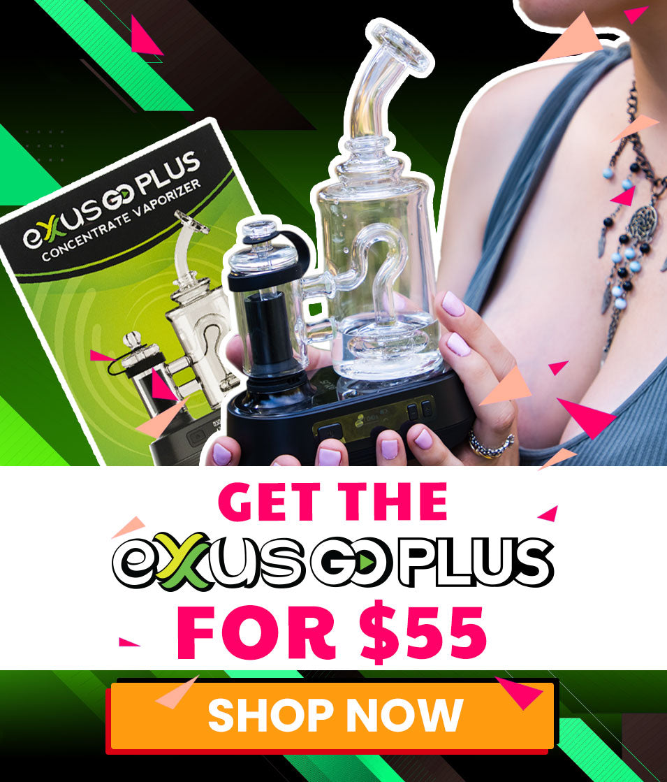woman holding a Exxus Go Plus with promotional text overlay on a colorful background