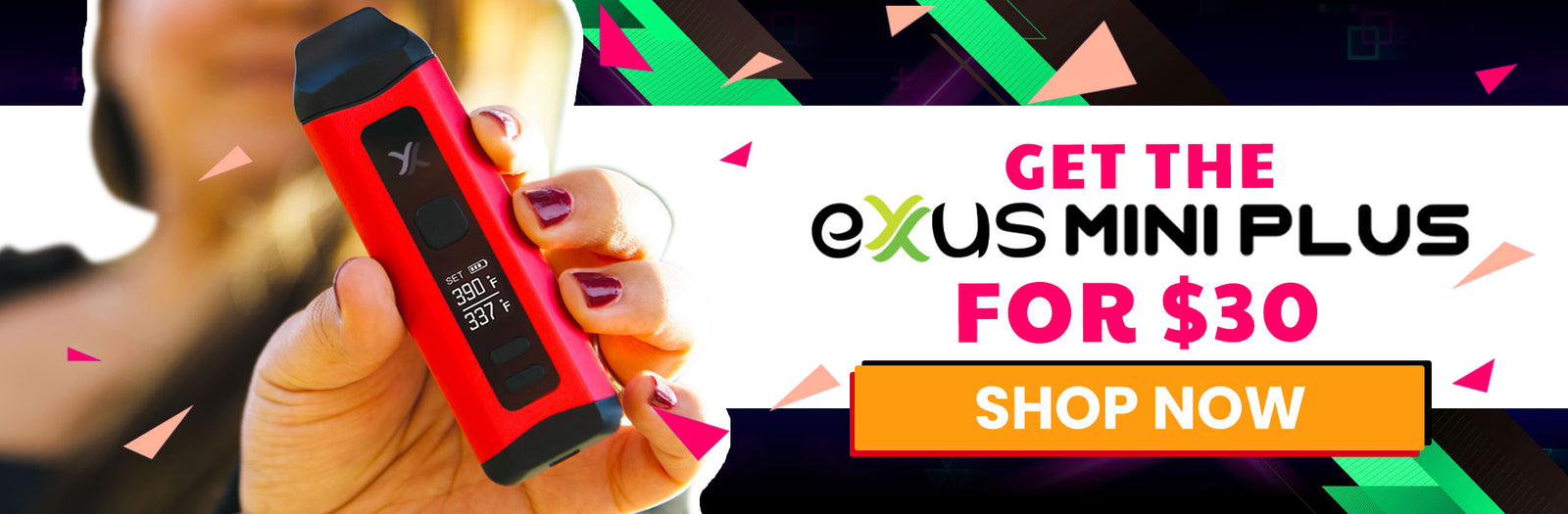 woman holding Exxus Mini Plus with promotional text overlay on a colorful background