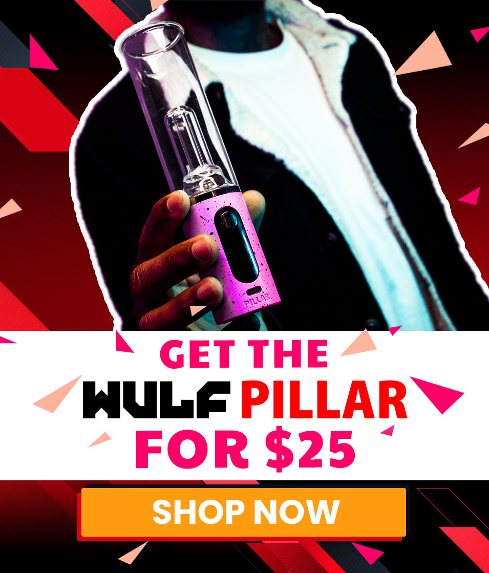 man holding a pink and black spatter Wulf Pillar with promotional text overlay on a colorful background