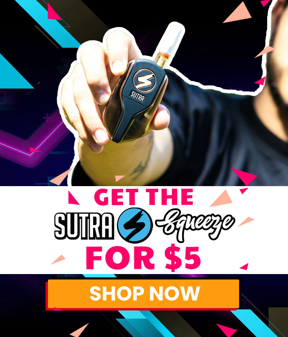 Hand holding a Sutra Squeeze device with promotional text and graphics on a colorful background