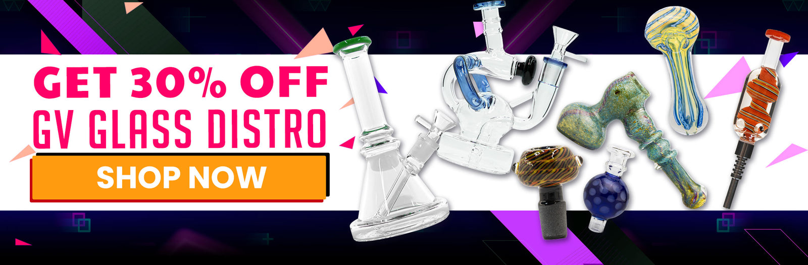 Promotional banner for GV Glass Distro with glass smoking accessories and a discount offer.