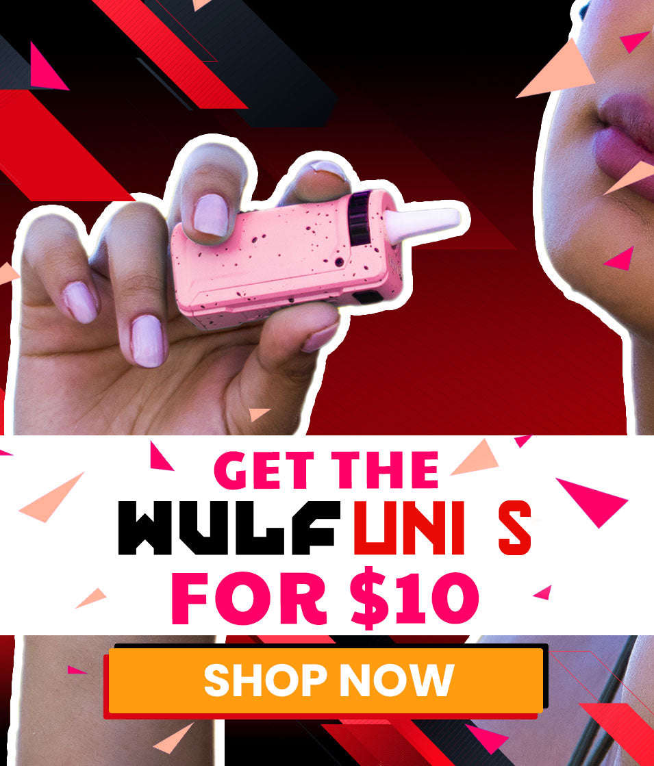 woman holding a pink and black spatter Wulf UNI S with promotional text overlay on a colorful background