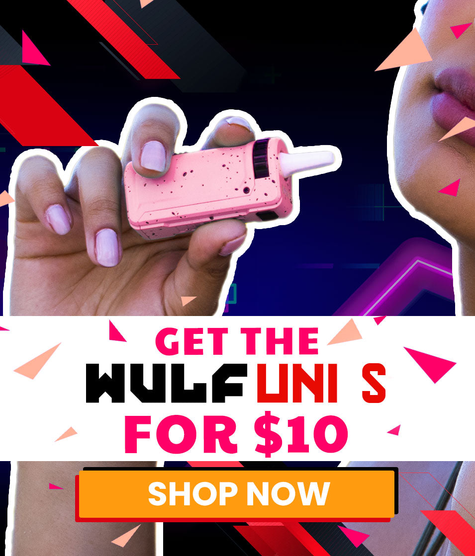 Promotional graphic for Wulf Uni S with a hand holding a pink device, colorful text, and call to action.