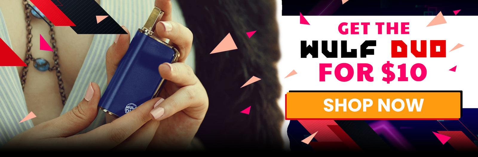 Promotional banner for a 'Wulf Duo' product with a hand holding a blue Wulf Duo, colorful text, and 'Shop Now' button.