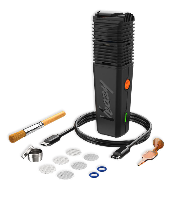 Alluring Black Storz & Bickel Veazy Portable Dry Herb Vaporizer Front View with Accessories on White Background