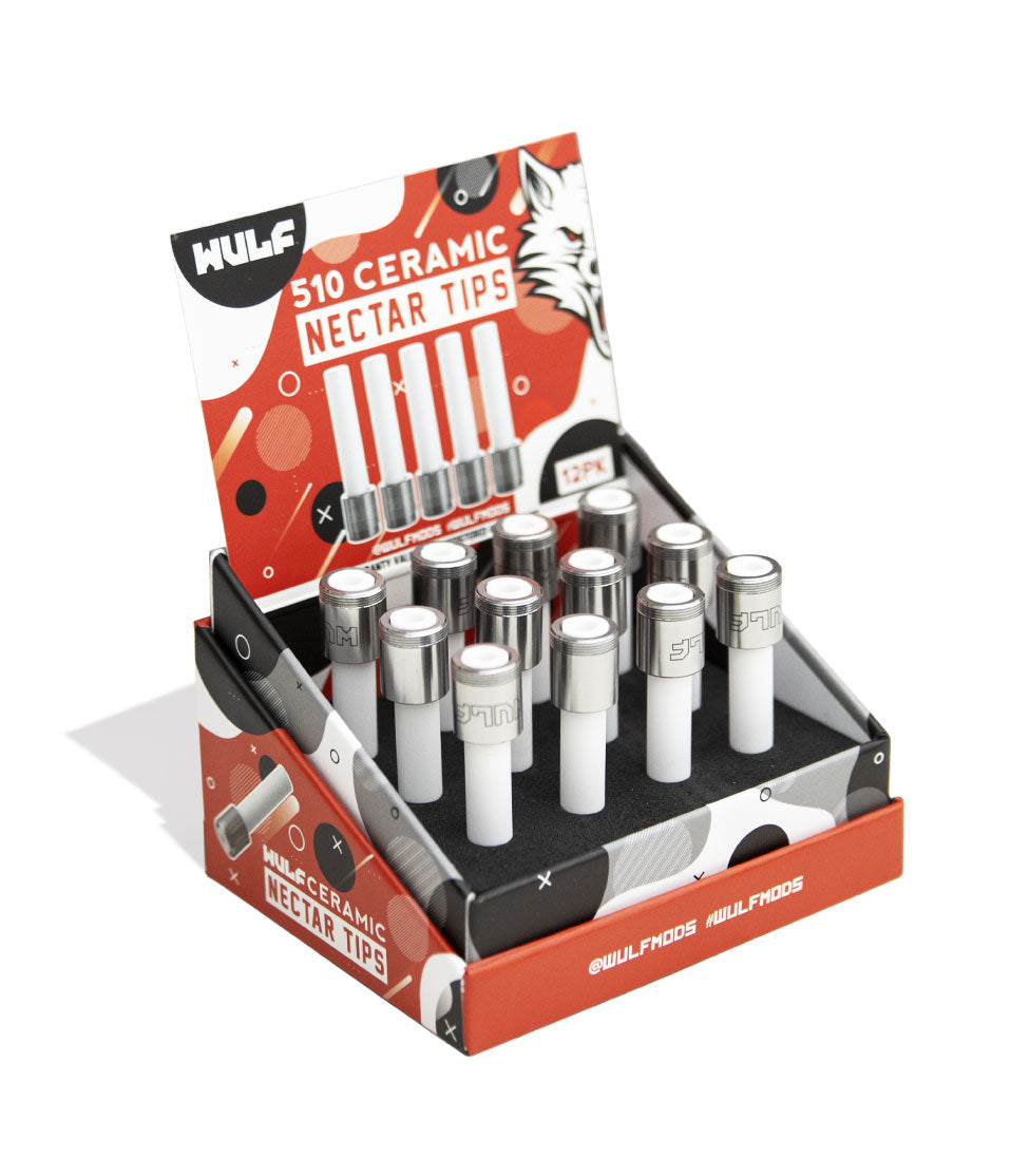Ceramic Wulf Mods 510 Threaded Nectar Collector Tips 12pk Packaging Angle View on White Background