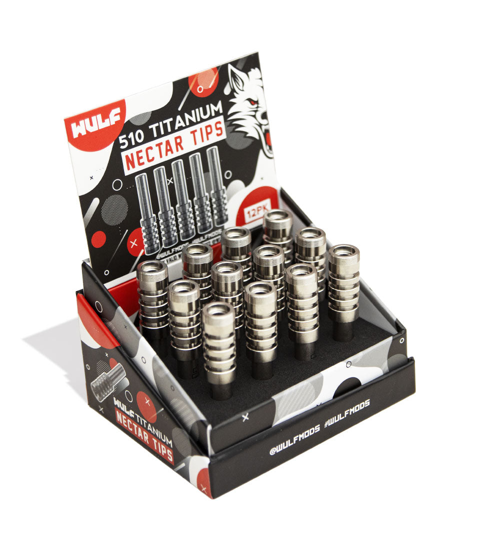 Titanium Wulf Mods 510 Threaded Nectar Collector Tips 12pk Packaging Angle View on White Background