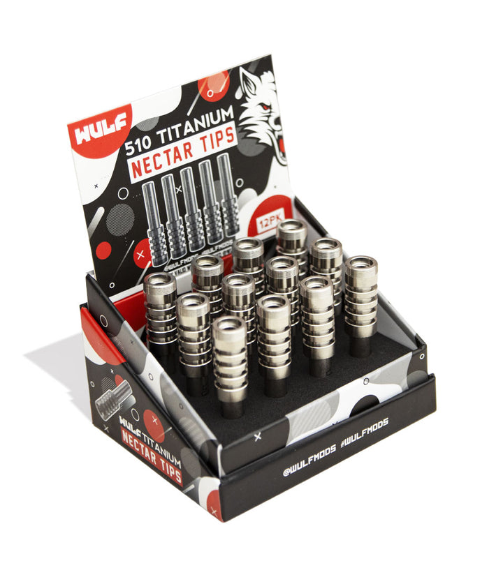 Titanium Wulf Mods 510 Threaded Nectar Collector Tips 12pk Packaging Angle View on White Background