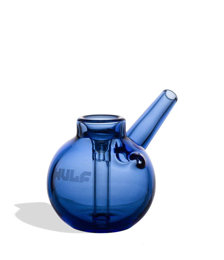 Blue glass bubbler with 'WULF' branding on a white background