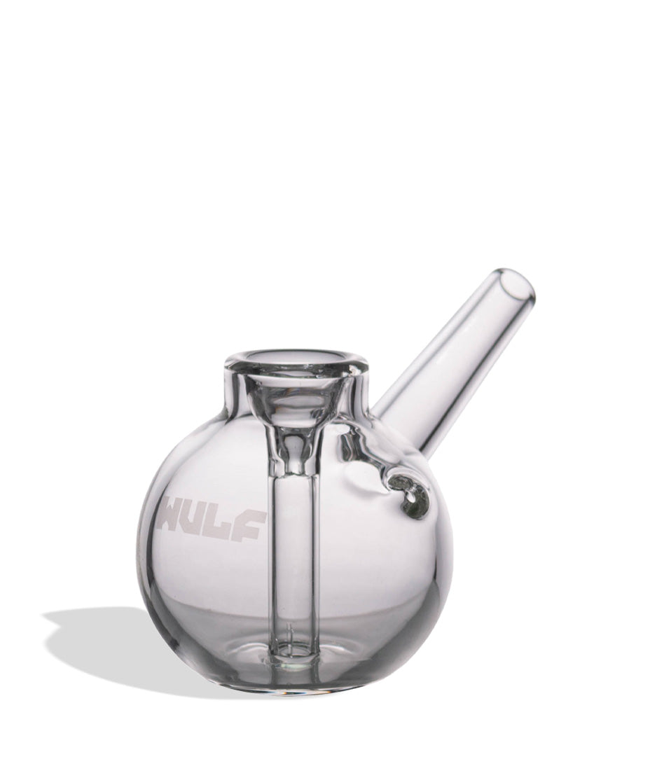 Clear glass bubbler with 'WULF' branding on a white background